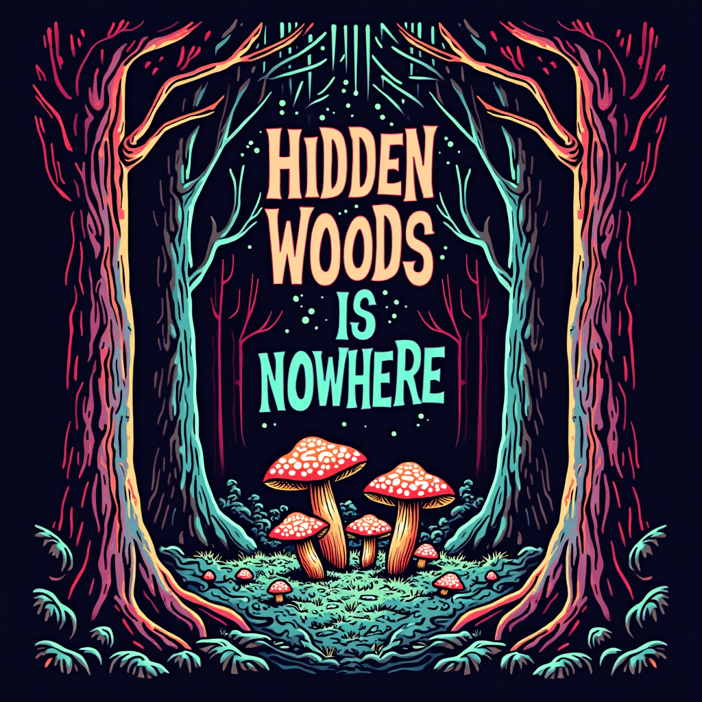 A glowing neon forest with red-capped mushrooms. The text reads: Hidden Woods Is Nowhere.